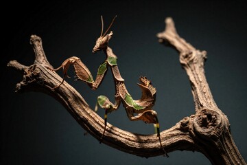 Fototapeta premium Macro shot of praying mantis insect with leaf mimicry pattern. Brown predator camouflages on dry tree branch in dark forest. Close up view shows detailed texture of insect body for nature science