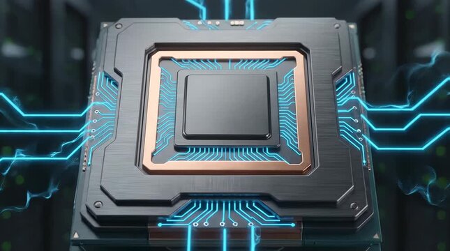 Futuristic processor floating and glowing in server room