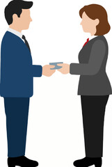 Fototapeta premium Hand-traced vector icon of two professional delegates exchanging business cards, depicted in profile wearing formal business attire against a clean white background