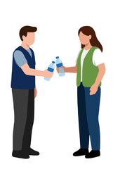 Obraz premium Volunteers handing out water bottles in a flat vector illustration showing two people sharing hydration in a community aid scene