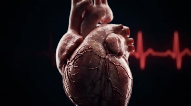 Anatomical human heart rotating with heartbeat monitor
