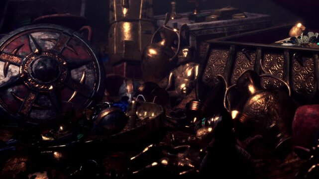 A collection of gold artifacts, shields and other items are scattered on a dark surface. The scene is set in a dimly lit room that adds mystery to the treasures displayed.