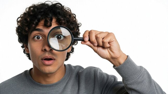 Surprised young man looks through magnifying glass with wide eye. Black guy shows funny facial expression for research investigation concept. Person uses lens to inspect detail find solution on white