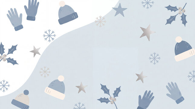 Soft winter Christmas mitten, hat, holly, snowflake and star pattern on blue background for cozy holiday banners and greeting cards.