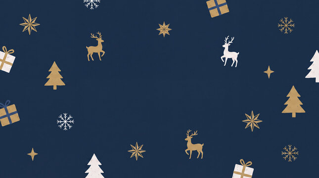 Magical Christmas reindeer, tree, gift, snowflake and star pattern on navy background for elegant winter banners and greeting cards.