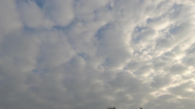 Time-lapse video of a dense altocumulus cloudscape, often called a mackerel sky, moving slowly. Great atmospheric background for weather concepts.