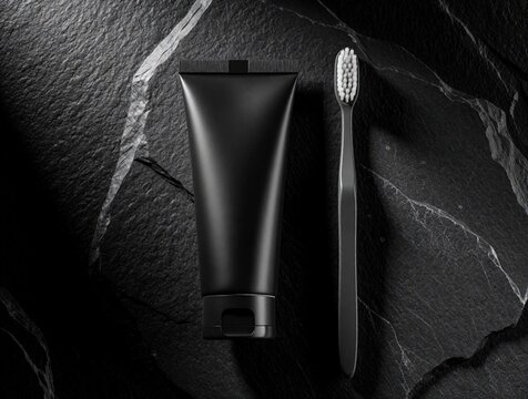 Black toothpaste tube, gray toothbrush lie on dark stone surface. Top view mockup of men oral care products. Minimalist monochrome branding template for dental hygiene kit. Sleek cosmetic package on