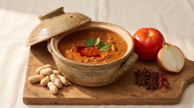 Traditional maf&eacute; peanut stew shown with peanuts, tomato, onion and spices, creating an authentic visual for culinary education, food heritage articles, restaurant storytelling, and cultural campaigns.