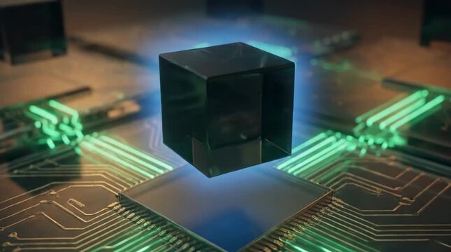 Black cube levitating above glowing circuit board