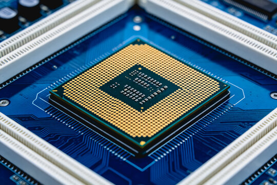A close-up view of a processor chip installed on a circuit board socket, showing its pin grid array contacts.