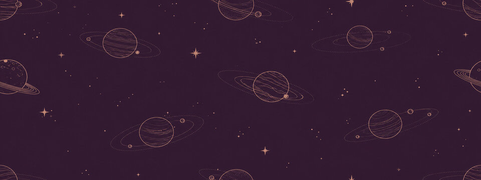 Celestial space pattern with ringed planets and stars. Purple galaxy background with hand-drawn cosmic elements. Seamless astronomical wallpaper.