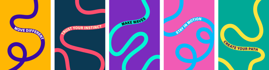 Obraz premium Abstract poster template set with colorful squiggly lines and motivational quotes featuring flowing abstract waves and curved lines, swirling ribbon for modern wall art, banner. Vector illustration