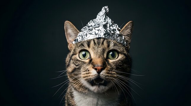 Funny Tabby Cat Wearing a Tin Foil Hat for Conspiracy Theory Humor Portrait
