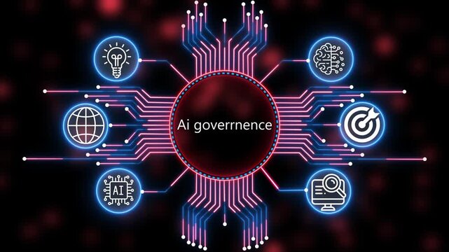 A glowing neon ai governance icon surrounded by smaller icons. management all connected in a digital circuit like pattern, manufacturing planning, manufacturing strategy. 4k