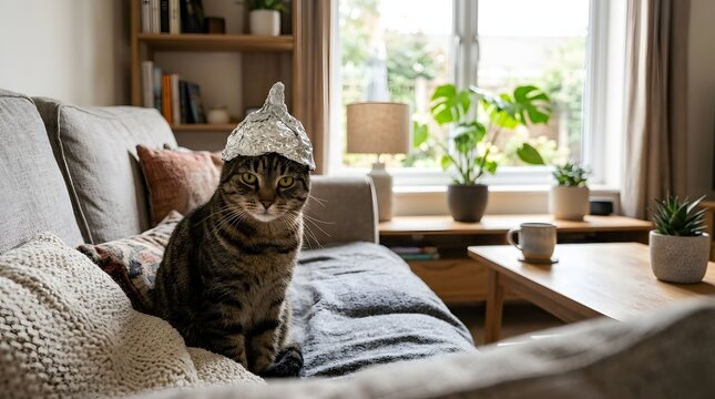 Domestic Cat Wearing Tin Foil Hat Sitting on Gray Sofa in Modern Living Room