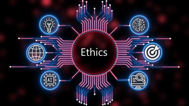 A glowing neon ethics icon surrounded by smaller icons. management all connected in a digital circuit like pattern, manufacturing planning, manufacturing strategy. 4k