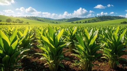Obraz premium Green turmeric plants grow in organic farm field under blue sky with white clouds. Agriculture crops spread across rural landscape. Sunny day in countryside meadow shows healthy spice cultivation in
