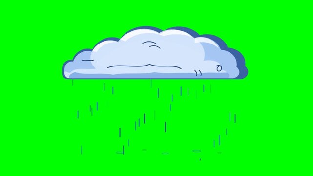 Cartoon rain cloud animation on green screen. Hand drawn rainy weather icon. Blue fluffy cloud with falling raindrops for motion graphics.