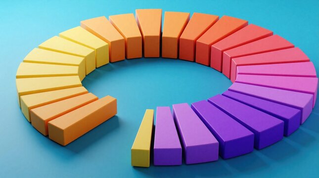 Colorful 3D bar chart segments form a circle. Data segments show financial breakdown on blue background. Visual representation of business analytics and growth.