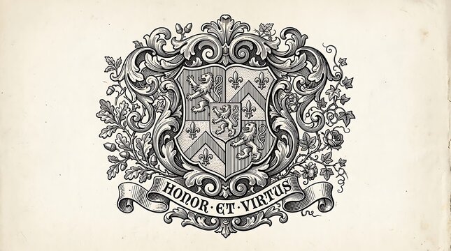 Ornate heraldic crest with Latin motto Honor et Virtus.