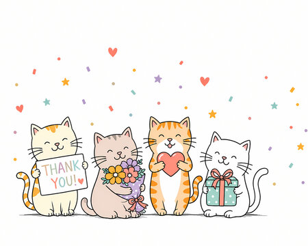 Cute Thank You Cats with Flowers, Heart and Gift, Pastel Appreciation Illustration