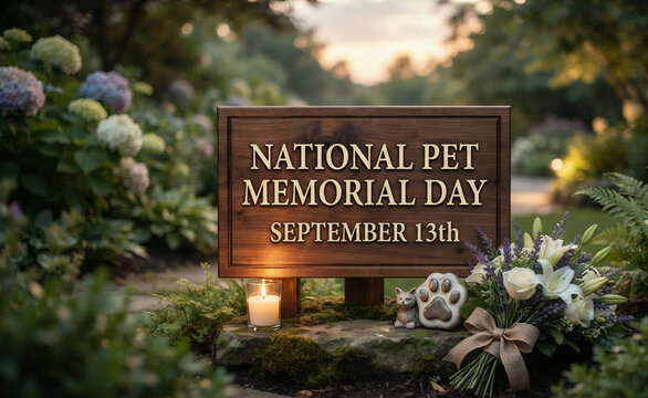 National Pet Memorial Day wooden sign with candle and floral tribute in a peaceful garden