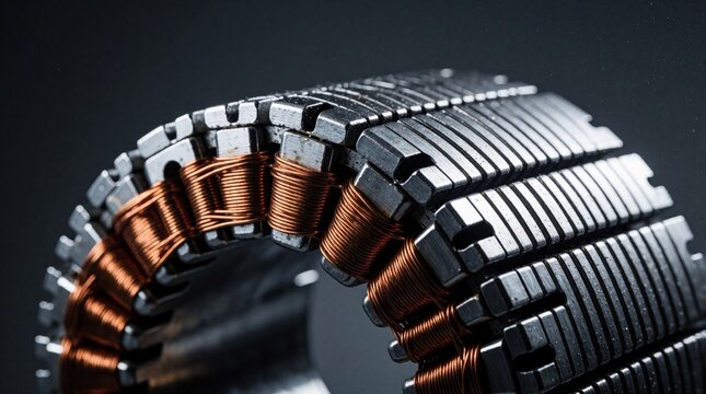 Close-up of an electric motor rotor part. Copper wire coils wind around metal stator slots. Precision engineered component for power generation.