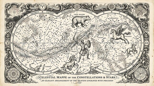 Antique celestial map depicting constellations and stars.