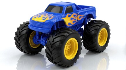 Fototapeta premium Blue monster truck toy with orange flame decals, large black tires on white background. Plastic offroad vehicle model features yellow rims, heavy duty suspension. Fun miniature racing car for kids
