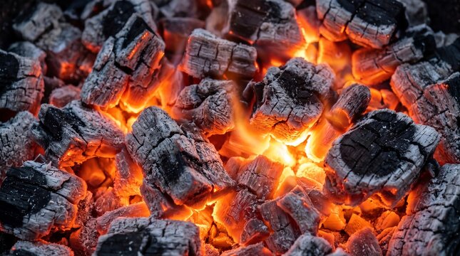 Glowing red hot charcoal embers burning in a barbecue grill.