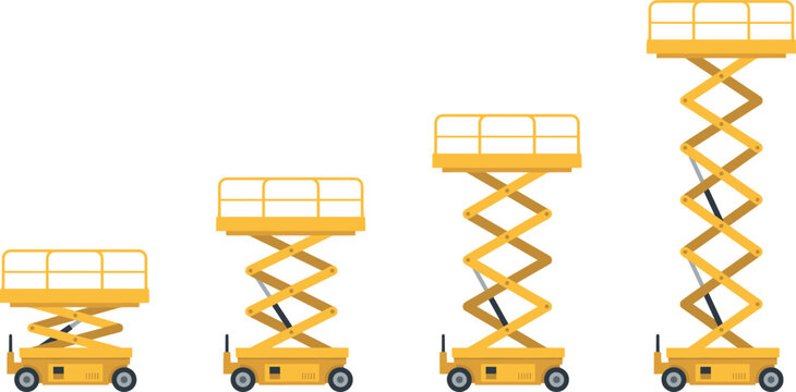 Yellow scissor lift vector vector elements showing aerial work platforms at different extension levels for construction or warehouse maintenance.