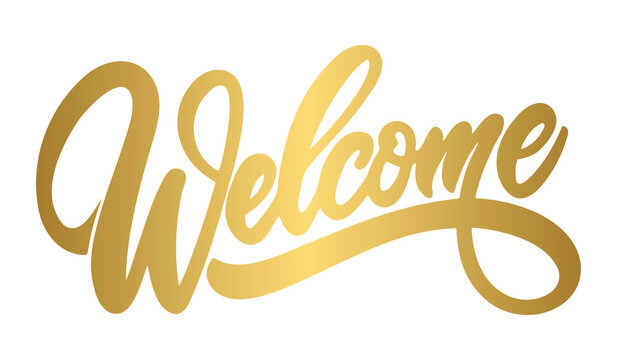 Elegant gold cursive welcome lettering isolated on white background