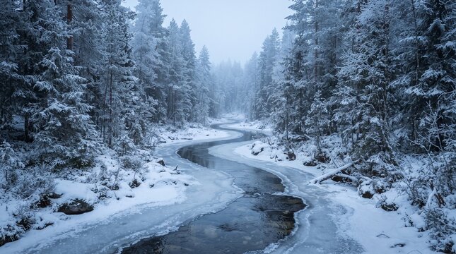 Frozen creek winding through a snowy pine forest with translucent ice, misty winter atmosphere and untouched wilderness, creating a peaceful natural landscape.