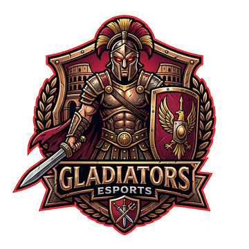 Professional esports team logo featuring a fierce Roman gladiator warrior with shield and sword.