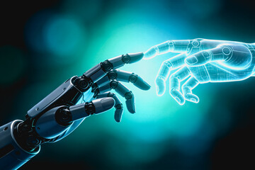 Naklejka premium A mechanical robotic hand reaches toward a glowing holographic hand, symbolizing human-machine connection and technological fusion.
