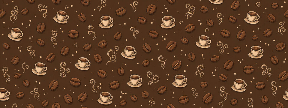 Roasted coffee beans seamless pattern, brown espresso cups background, cafe shop wallpaper texture, morning caffeine beverage banner