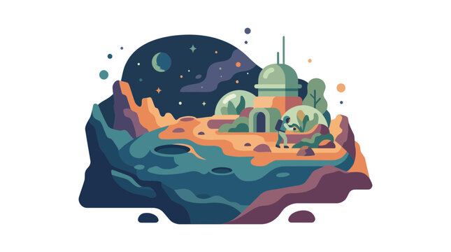Futuristic space colony base on planetary surface.