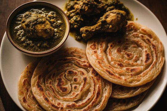 Flaky Kerala parotta bread served with rich chicken curry and a side of green herb chicken dish. This Indian food is presented on a white plate for a delicious meal.