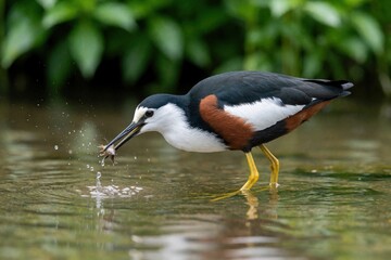 Naklejka premium A white throated swamphipper bird stands in shallow water catching a frog in its beak. The bird has black white and brown plumage with yellow legs. Lush green foliage forms the background.