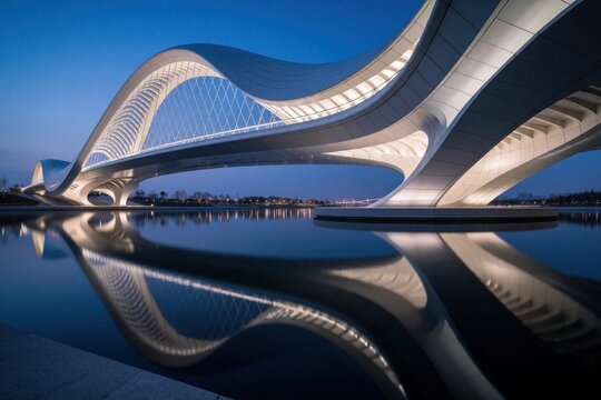 Modern bridge architecture with flowing lines over calm water. Structure illuminated at dusk reflects on the surface. Cityscape faintly visible across the river.