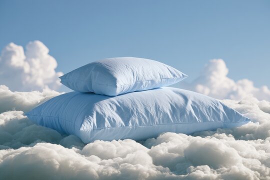 Soft pillows resting on fluffy clouds against a bright blue sky. Representing peaceful sleep and relaxation for lifestyle advertising.