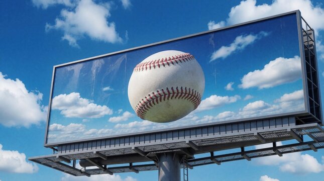Large outdoor billboard shows white baseball with red stitching against blue sky with clouds. Advertising sign displays sports equipment for baseball game league. Big advertisement board stands high