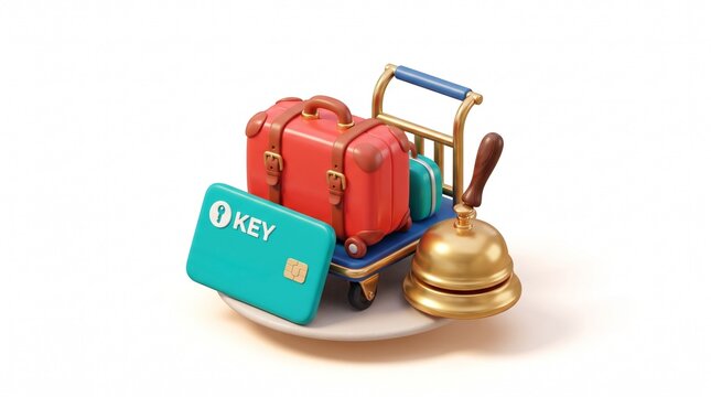 3D icon of a key card, a suitcase, a hotel bell, a bellhop cart in glossy clay material, soft rounded shapes and vibrant saturated colors isolated on white background