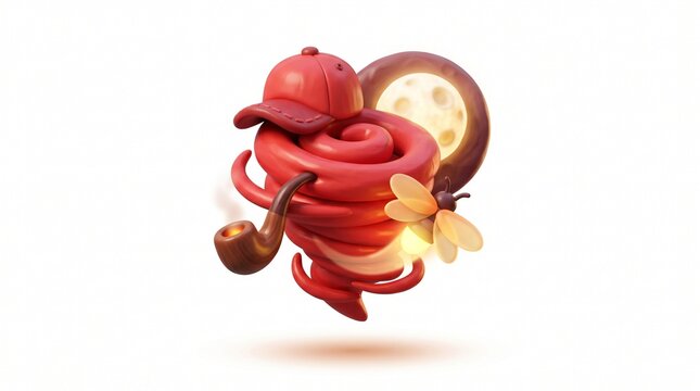 3D icon of a red cap, a whirlwind swirl, a pipe, a firefly, a full moon in glossy clay material, soft rounded shapes and vibrant saturated colors isolated on white background 