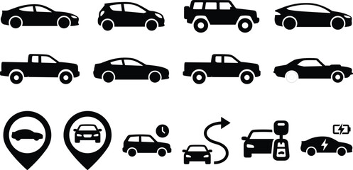 Naklejka premium Car glyph icon set with vehicle navigation transport rental and electric automobile ui symbols