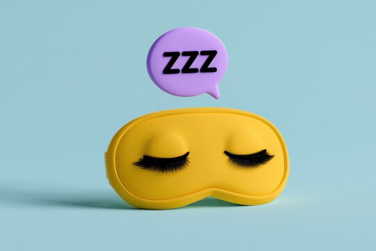 A yellow sleeping mask with false eyelashes sits isolated on a blue background with a zzz speech bubble. Perfect for sleep, insomnia, or relaxation concepts.