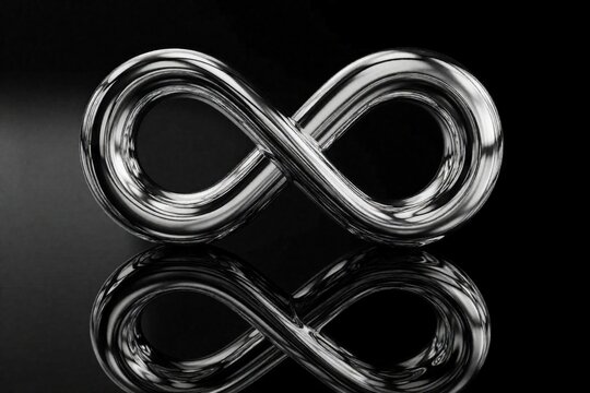 Abstract silver infinity symbol on black background. Chrome metallic loop with glossy texture, reflection on dark surface. Modern 3D geometric shape represents eternity, endless connection,