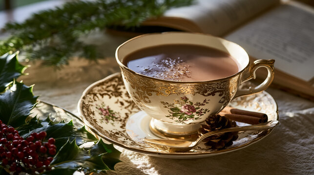 Elegant teacup filled with hot chocolate, decorated with holly, pine, cinnamon, and a pine cone, creating a cozy holiday atmosphere