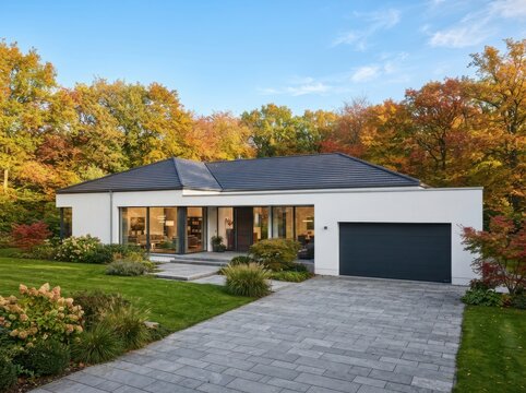 Modern luxury bungalow house with flat roof and large windows surrounded by autumn forest trees