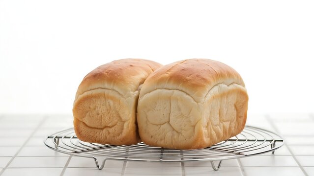 Freshly baked loaf of bread resting on a metal cooling wire rack